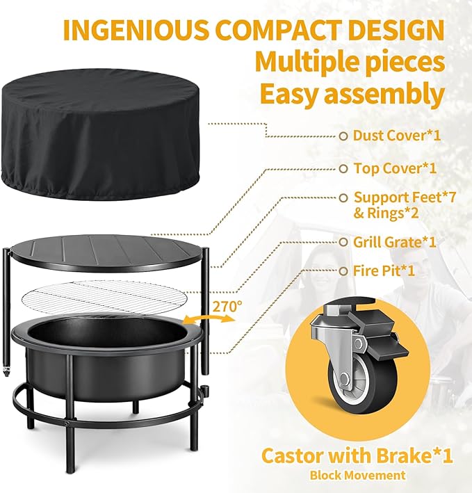 52 Inch Fire Pits for Outside Wood Burning with Rotating Table, Multifunctional Fire Pit with Grill Grate, Poker & Waterproof Cover, Portable Outdoor Bonfire Pit for Camping, Patio, Backyard