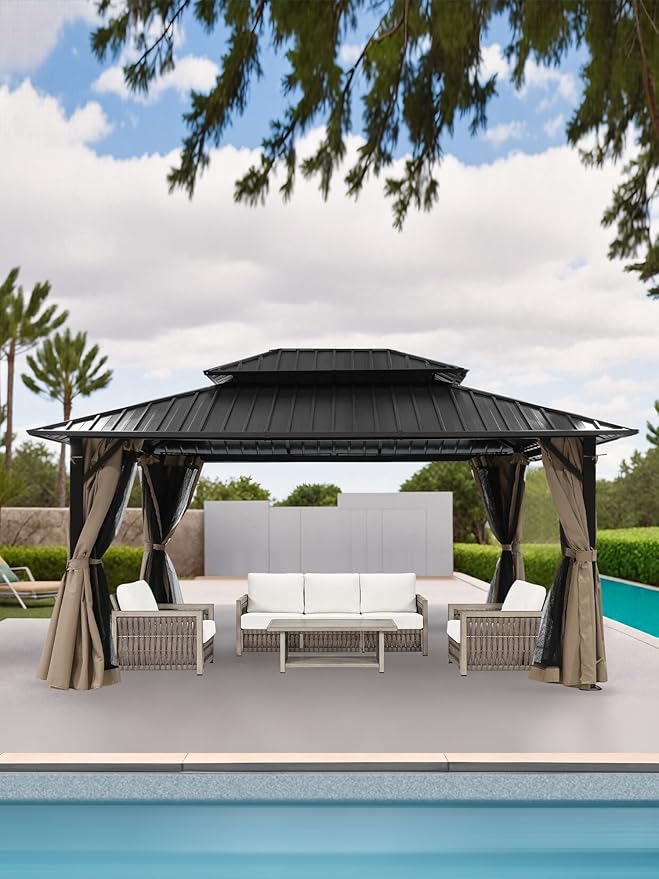 SEEHILL 12' x 16' Hardtop Gazebo, Outdoor Patio Gazebo, Aluminum Frame Patio Hardtop Gazebos with Netting and Curtain, Outdoor Patio Pergola with Double Steel Roofs for Deck, Lawns, Garden, Sandstone