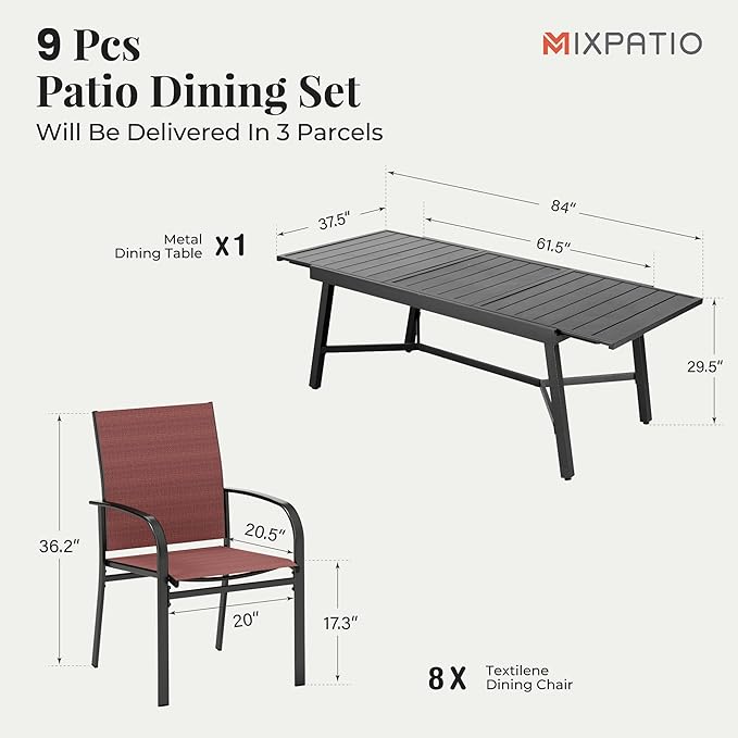 7 Pieces Patio Table and Chairs Set, Patio Dining Set for 6, 6 Textilene Chairs and 1 Expandable Patio Dining Table with Umbrella Hole, for Deck Backyard Lawn Poolside, Red