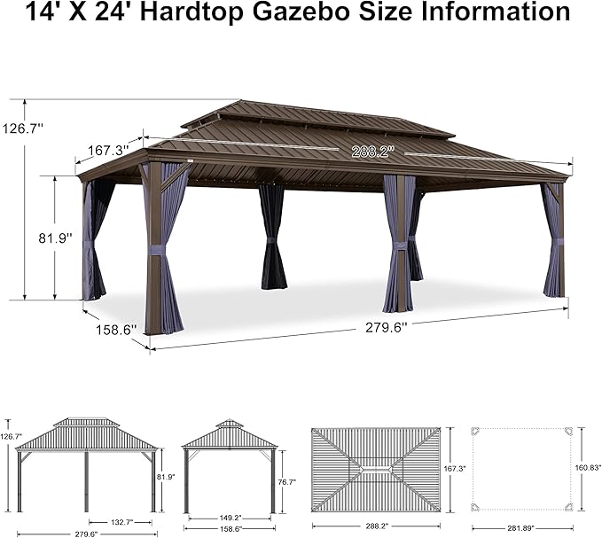PURPLE LEAF 14' X 24' Outdoor Hardtop Gazebo Patio Wide Aluminum Frame Galvanized Steel Double Roof with Heavy Duty Netting and Curtains for Permanent Hard Top Pavilion Screen, Navy Blue