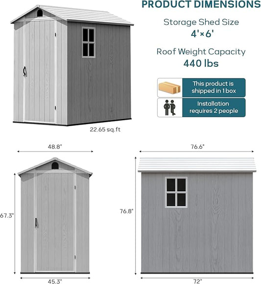 Greesum 4x6FT Plastic Outdoor Storage Shed with Floor, Resin Storaged Sheds with Lockable Door, All Weather Durable Tool Shed with Window and Vent, for Garden, Backyard, Patio, Light Gray