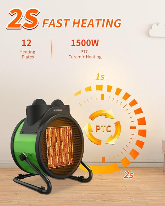 Buyplus Outdoor Heaters for Patio, 1500W Electric Garage Heater with 90°Adjustable Angle, Overheat Protection & 2S Fast Heating, Greenhouse Heater for Patio, Garage, Greenhouse, Indoor Outdoor, Green