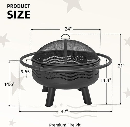 Breezz 32 Inch American Flag Fire Pit with Mesh Cover & Poker, Round Metal Wood Burning Outdoor Firepit for Patio, Garden, Backyard, Bonfire, Ideal for 4th of July, Memorial Day, Christmas