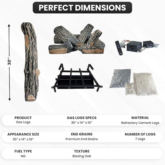 30" Premium Gas Logs - Remote Control Kit Included - for Natural Gas Vented Fireplaces - Blazing Oak Design (Logs + Remote Light Kit)