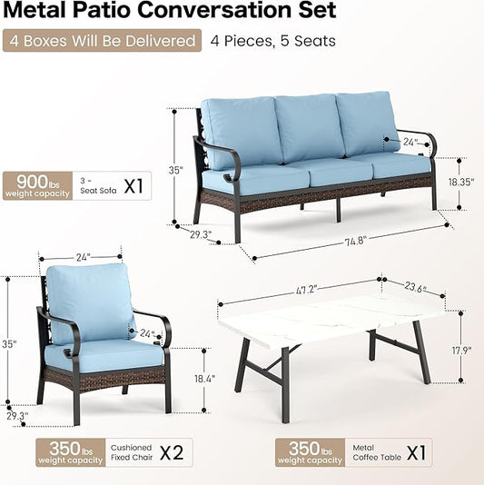 5 Piece Metal Outdoor Patio Furniture Set, Patio Conversation Sets 1 3-Seater Sofa, 2 Chairs with 5.75" Extra Thick Cushion and Coffee Table, Black Frame Backyard Furniture, Blue