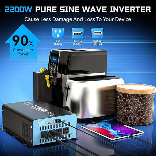 New Upgraded 2200 Watts Pure Sine Wave Inverter, 12V DC to 110V AC Power Inverter with 4 AC Outlets, USB Port, Type-C Port for Truck, Vehicle, Power Outage, Remote Control with LCD Screen