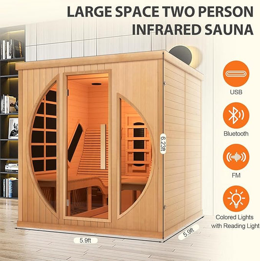 Smartmak Full Spectrum Infrared 2 Person Sauna Room, Red Light Therapy Luxury Wood Home Sauna with Recliner, Canadian Hemlock Indoor Dry Saunas Spa, 3400W with 10 Heaters, Speakers, Lights, Oxygen Bar