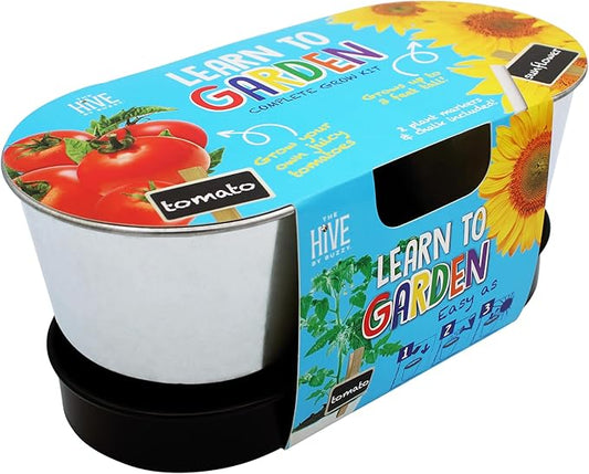 BUZZY Seeds 2-Pot Kids Gardening Kit – Grow Tomato and Sunflower Plants with Non-GMO Seeds, Planters, Growing Medium, Planter Markers and Chalk, Educational Gift for Kids, Birthday or Holiday Present