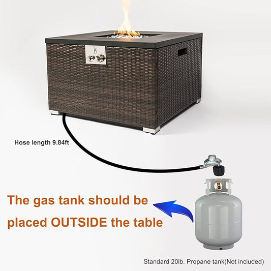 32'' Outdoor Low Profile Fire Table, 50,000 BTU Fire Table with Brown Wicker, Painted Steel Tabletop, Mix Color Glass Rocks, Including Lid and Cover, Fits 20lb Tank Outside, Square