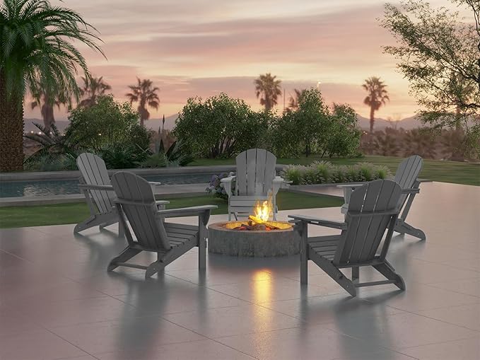 Ciokea Folding Adirondack Chair Wood Texture, Patio Chair Weather Resistant, Plastic Fire Pit Chair with Cup Holder, for Lawn Outdoor Porch Garden Backyard Deck (Grey)