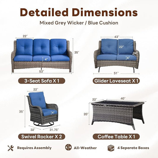 Belord 5 Piece Outdoor Patio Furniture Set - Outdoor Conversation Couch and Loveseat Glider Chair Furniture Set with Rattan Coffee Table for Deck Balcony Poolside Gray Wicker/Blue Cushions