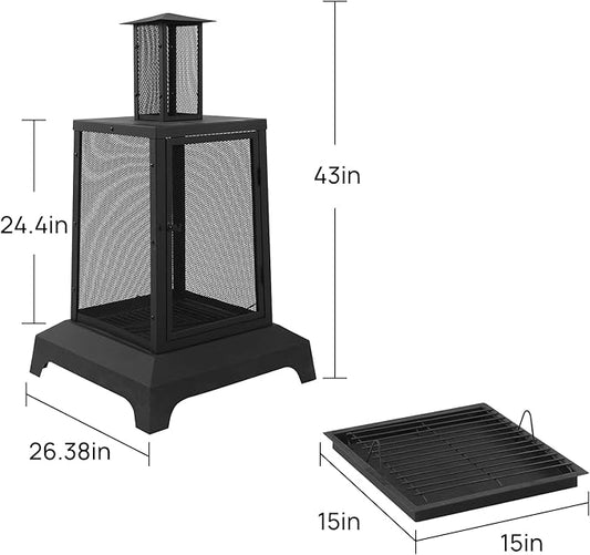 Walsport Chiminea Outdoor Fireplace, 43 Inch Wood Burning Fire Pit with Grill Grate and Spark Screen Cover, Outdoor Fire Pit for Patio, Backyard, Deck Porch and Camping (Black) 