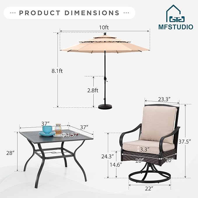 MFSTUDIO Patio Table and Chairs for 4 with 10ft Umbrella, 5 Pieces Outdoor Dining Table Furniture, 37'' Sqaure Metal Table & Swivel Chairs & Umbrella, Heavy Duty Patio Set with Umbrella