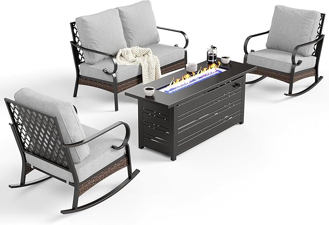 4 Piece Metal Outdoor Patio Furniture Sets with Firepit Table, Patio Conversation Sets 1 2-Seater Sofa, 2 Rocking Sofa with 5.75" Cushion Black Backyard Furniture for Deck, Light Gray
