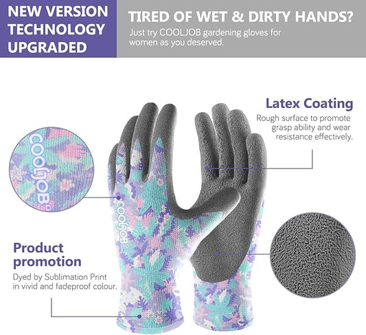 COOLJOB Colorful Gardening Gloves Best Gift for Women Ladies, 2 Pairs Breathable Rubber Coated Garden Gloves, Outdoor Protective Work Gloves, Varied Colors, Size Medium, 2 Pairs M