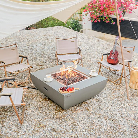 Westport Concrete Fire Pit 34" x 34" Patio Firepit Includes Lava Rocks Modern Fire Pits & Outdoor Fireplaces for Garden, Deck, Indoor & Outdoor Heating