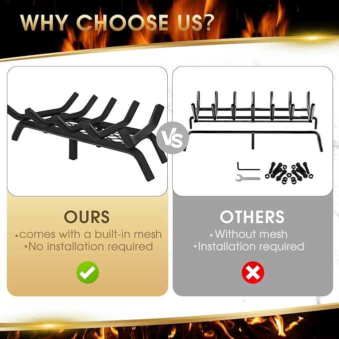 G GOOD GAIN Fireplace Grate with Ember Retainer, 20" Heavy Duty Steel Indoor, Chimney Hearth Wood Stove Burning Rack Holder,1/2 Bar Fire Place Asseccories for Outdoor, Fire Pits, Camping.