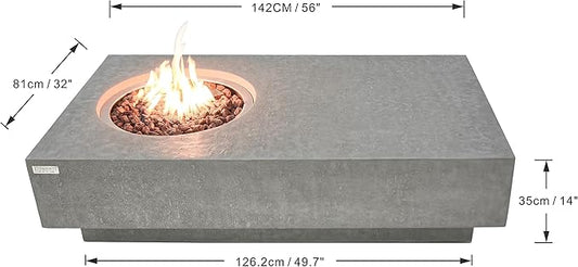 Elementi | Bundle Metropolis Gas Fire Pit Cast Concrete 56" Rectangular Fire Table, Outdoor Fire Pit Electronic Ignition | Canvas Cover, Lava Rock Included | Light Gray (Natural Gas)