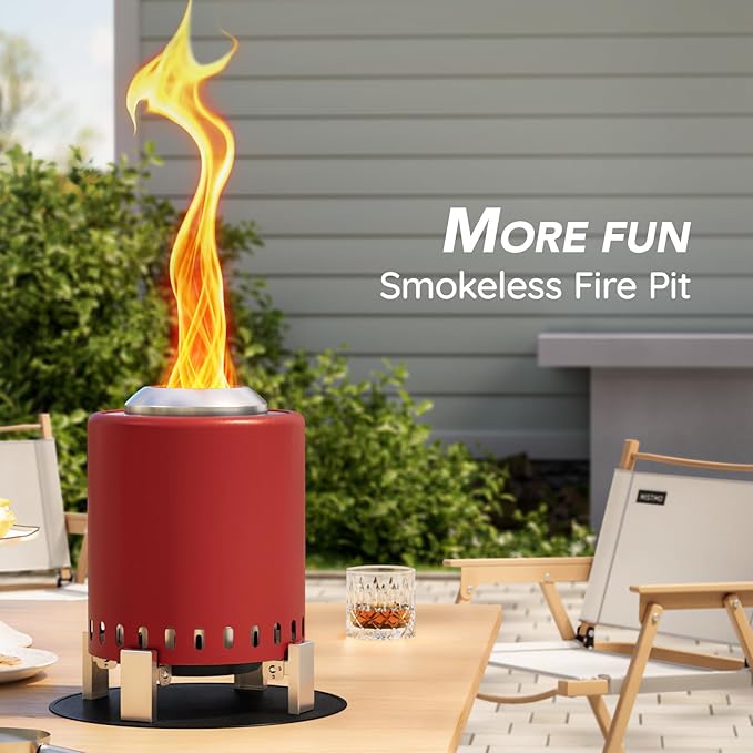 Mini Smokeless Tabletop Fire Pit with Pan Stand, Portable Stainless Steel Firepit Stove for Camping, Burns Pellets or Wood, Includes Travel Bag, Red