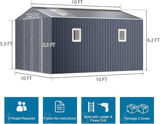 Metal Storage Shed 10x10 FT Large Outdoor Tools House with Unique Clear Roof Skyview Windows Air Vents Door for Garden Patio Lawn Backyard to Store Bikes,Lawnmower,Garage,Dark Grey