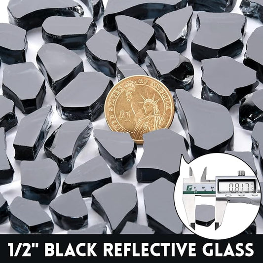 GasSaf 1/2 Inch Fire Glass Reflective Tempered Fireglass Cut Crushed FireGlass for Fire Pit, Fireplace, Replaces Existing Gas Logs & Lava Rocks (20 Pound)(Black Reflective)
