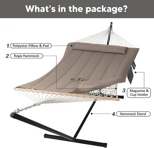SUNCREAT Hammocks Two Person Hammock with 12ft Stand Included, Max 475lbs Capacity, Heavy Duty Free Standing Hammock, Coffee