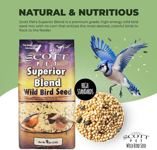 Scott Pet Wild Bird Seed, Superior Blend, 9 lbs Bag, No Corn, Feed, Great for All Feeder Types, Food for Outside Wild Birds