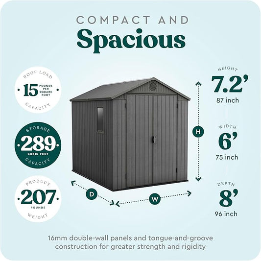 Keter Outdoor Storage Tool Shed, for House, Patio & Yard, Darwin, 6 x 8 Ft, Graphite Gray - Portable and Lockable Resin Utility Organizer for Backyard, Pool, Garden or Lawn Organization