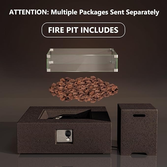 COSIEST Outdoor Propane Fire Pit Coffee Table w Square Faux Stone 35-inch Base, Certified, 50,000 BTU Stainless Steel Burner, Free Lava Rocks and Rain Cover, Wind Guard, Tank Cover, Brown