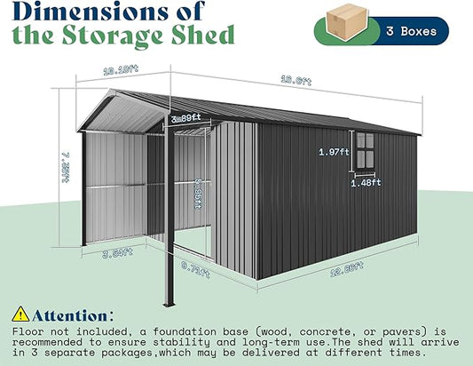 AMERLIFE 10x16.6x7.3 FT Outdoor Storage Shed with Lounge Area, Metal Garden Shed with Sliding Doors, 2 4-Pane Windows & 4 Vents, Heavy-Duty Weather-Resistant Steel for Garden & Backyard, Dark Gray