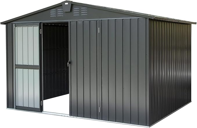 10x8ft Outdoor Storage Shed, Galvanized Steel Garden Shed with Sloping Roof, Lockable Double Doors and 32 Vents, Large Capacity Utility Tool Storage for Backyard Patio