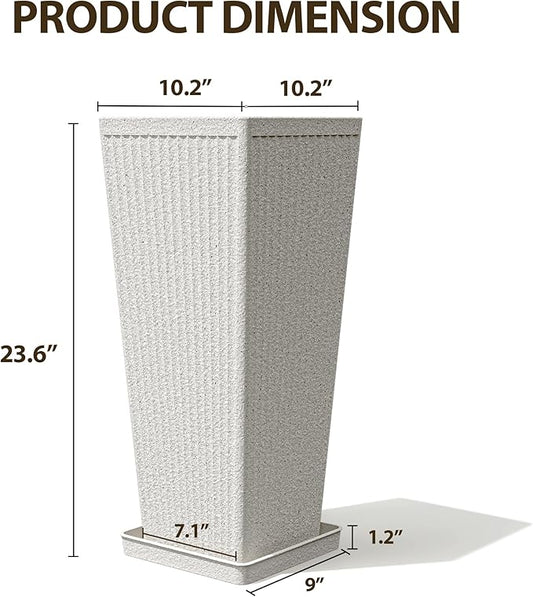 Tapered Tall Planters for Outdoor Plants 2 Pack- 23.6 Inch Heavy-Duty Classic Square Indoor Flower Pots with Drainage Holes/Partition/Tray, Large Outdoor Planters for Porch Patio, White