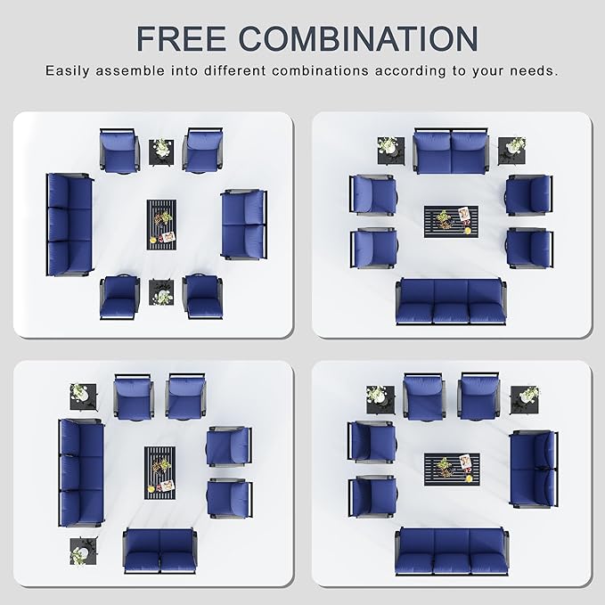 9-Piece Modern Patio Furniture Set, All Weather Metal Outdoor Conversation Sets with 5.1" Extra Thick Cushion for Backyard Garden Deck Porch Poolside, Blue