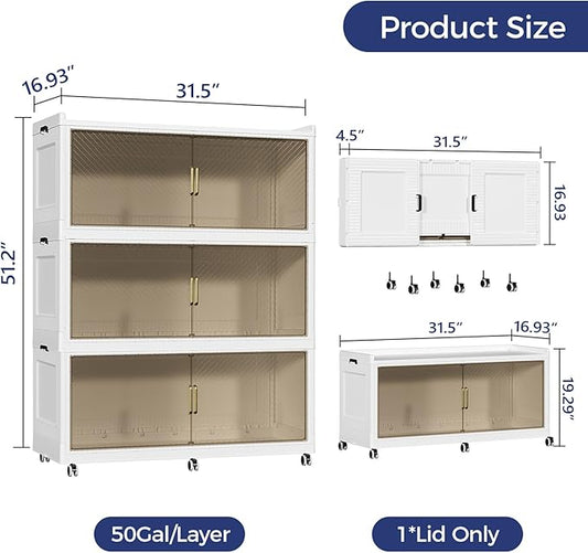 600QT Extra Large Storage Bins with Lid and Wheels, 150Gal Stackable Closet Organizers and Storage Cabinet, Collapsible Storage Box Drawer with Doors for Home Kitchen Office Dorm, 3Pack White