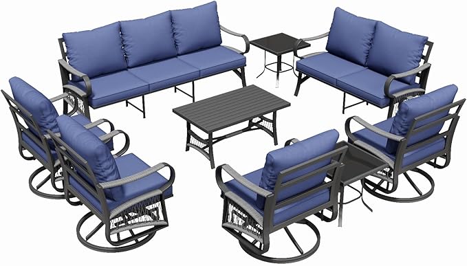 9 Piece Patio Furniture Set, 4 Single Swivel Chairs, Rope Braided Exposed with Thick Cushions, Outdoor All Weather Patio Conversation Sectional Sofa Set for Garden, Porch, Lawn, Blue