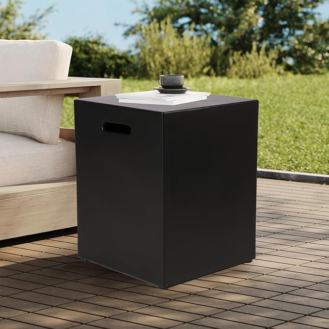 Outdoor Propane Tank Cover Table with Seat, Black Tank Storage Box with Handles for Propane Gas Fire Pit, 16 Inch Modern Hideaway Concrete Square Indoor or Outdoor Side Table for Outside Patio