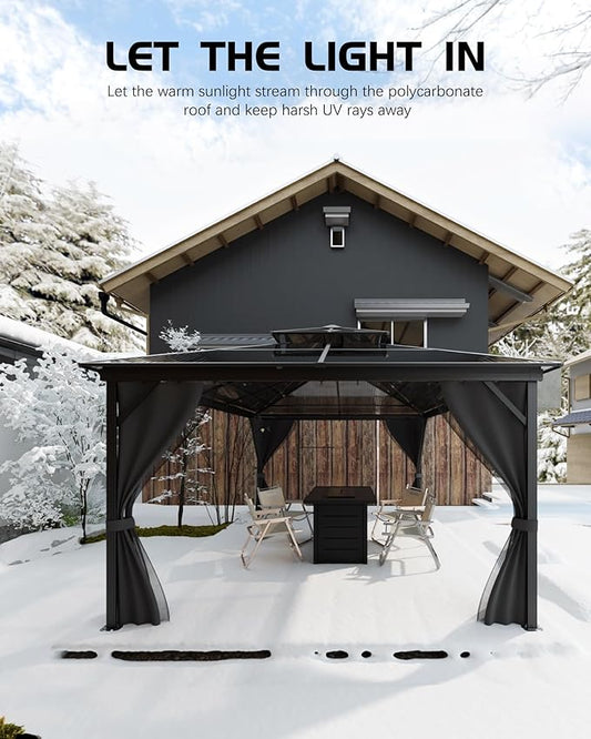 GarveeLife Hardtop Gazebo 10 ft x13 ft for All Weather, Double Polycarbonate Sheets Roof, Aluminum Alloy Frame, Net, and Curtain, Permanent Building for Patio, Deck, Backyard, Lawn, and Garden