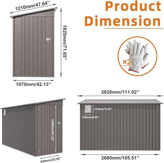 4x9 FT Lean to Shed with Windows, Metal Sheds & Outdoor Storage with 6 Vents and 1 Side Open Door, Outdoor Storage Shed Waterproof for Backyard, Garden, Patio, Gray