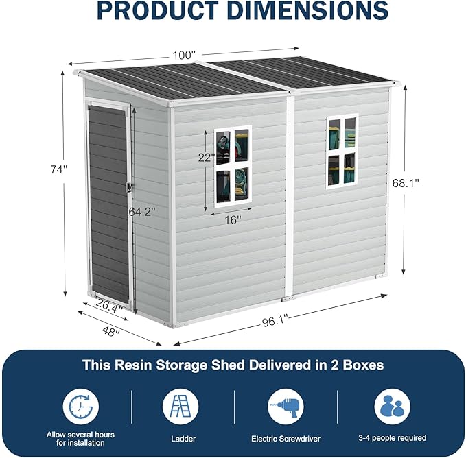 CDCASA 4x8 FT Resin Lean to Shed, Waterproof Outdoor Storage Sheds with Floor & Lockable Door & 2 Windows, Vent, Outside Plastic Tool Shed for Backyard Patio Poolside Lawn, Gray