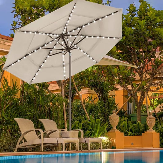 EliteShade USA 10-Year-Non-Fading Solar 9ft 3 Tiers Market Umbrella with 80 LED Lights Patio Umbrellas Outdoor Table with Ventilation,Antique Beige