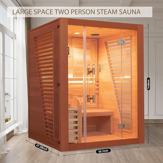Smartmak Wood Home Steam Sauna, 2 or 3 Person Canadian Red Cedar Traditional Luxurious Wooden Indoor Spa Room, with 3.5 kw Heater, Bluetooth Speaker, Rocks, Water Bucket, Spoon, Lights