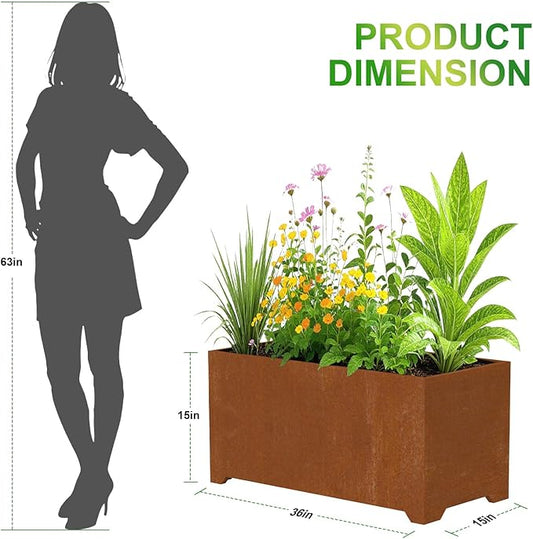 Large Planters for Outdoor Plants 32"L x 15"W x 15"H, Co-rten Steel Planter Box with 6 Drainage Holes, Raised Bottom, All-Weather Garden Planter Box for Patio, Lawn, Commercial & Residential