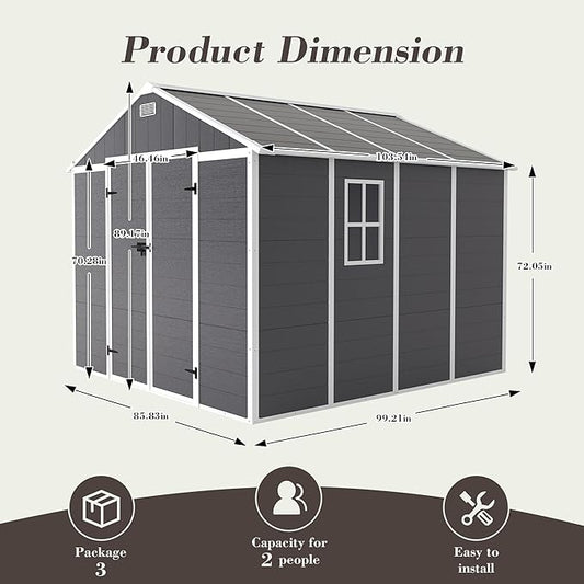 Outdoor Storage Shed 8x8 FT, Resin Shed with Floor & Window, Lockable Door, Vents, Outside Sheds & Garden Shed for Patio Furniture, Gardening Tools, Pool Equipment (Dark Gray, 8 * 8ft)