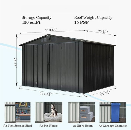 10x8ft Outdoor Storage Shed, Galvanized Steel Garden Shed with Sloping Roof, Lockable Double Doors and 32 Vents, Large Capacity Utility Tool Storage for Backyard Patio