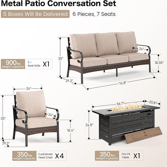 6 Piece Black Metal Outdoor Patio Furniture Sets with Firepit Table, Patio Conversation Sets 1 3-Seater Sofa, 4 Single Sofa with 5.75" Thick Cushion Backyard Furniture for Deck, Beige