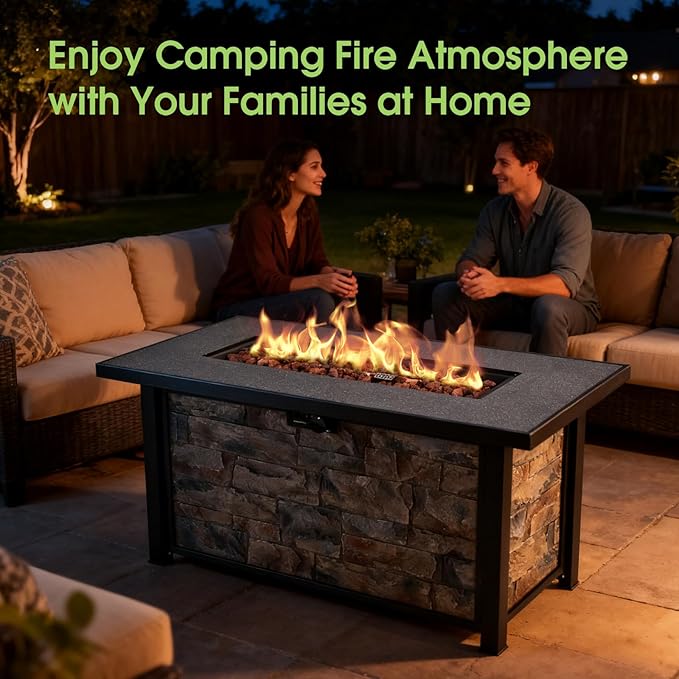 48" Propane Gas Fire Pit Table,Metal Tabletop & Polyresin Stone Look Base, with Metal Lid,Lava Rocks & Waterproof Cover, for Outside ,50000 BTU, Wide Top Surface,Christmas