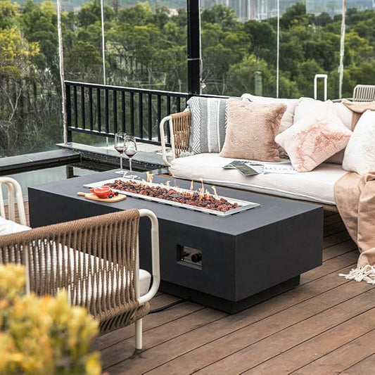 Granville Concrete Fire Pit 60" x 27" Outdoor Patio Firepit Includes Lava Rocks Modern Fire Pits & Outdoor Fireplaces for Garden, Deck, Indoor & Outdoor Heating