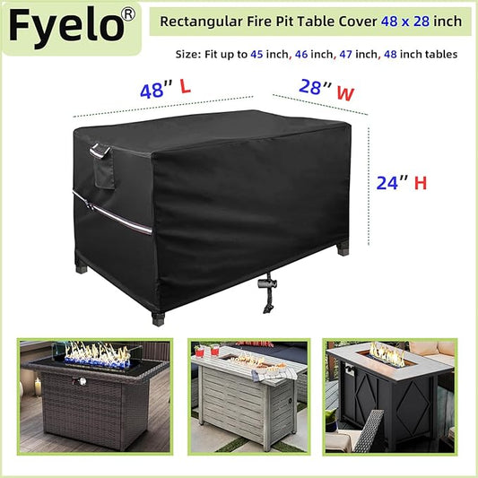 48 x 28 Inch Rectangular Fire Pit Cover for 45-48 Inch Outdoor Gas Fire Pit Tables, Waterproof 600D Heavy Duty Patio Firepit Table Cover UV Resistance, Black