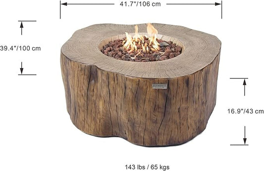 Elementi | Manchester Gas Fire Pit Cast Concrete Semi-Round Fire Table, Outdoor Fire Pit Electronic Ignition | Canvas Cover, Lava Rock Included | Red Wood | Natural Gas