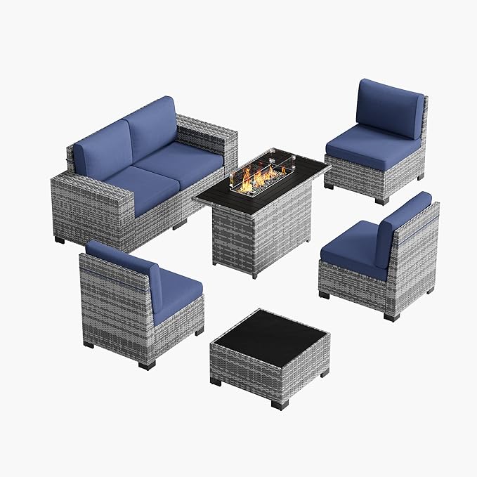 UDPATIO Patio Furniture Set with Fire Pit Table, 8 Inch Armrest Patio Sectional Sofa, 7 Piece Wicker Outdoor Furniture Conversation Set with Waterproof Cover for Backyard Deck(Grey/Navy)